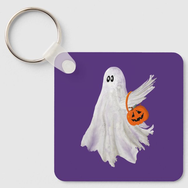 Trick Or Treating Ghost With Pumpkin Candy Bucket Keychain (Front)