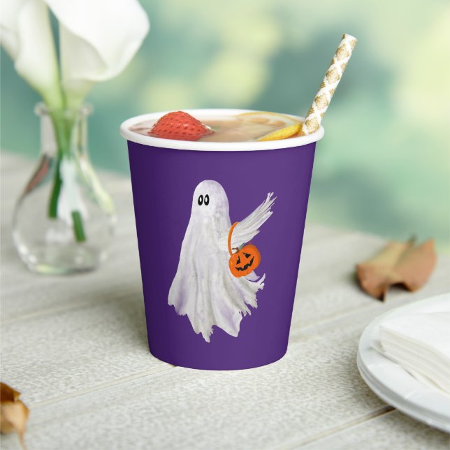 Trick Or Treating Ghost With Pumpkin Candy Bucket Paper Cups (Insitu)