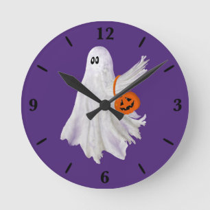 Trick Or Treating Ghost With Pumpkin Candy Bucket Round Clock