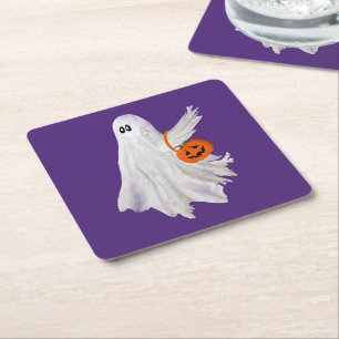 Trick Or Treating Ghost With Pumpkin Candy Bucket Square Paper Coaster