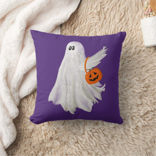 Trick Or Treating Ghost With Pumpkin Candy Bucket Throw Pillow