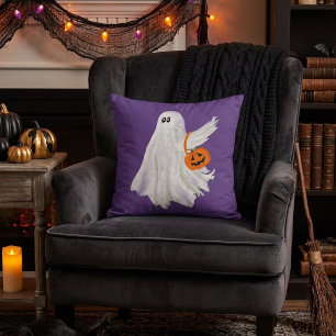 Trick Or Treating Ghost With Pumpkin Candy Bucket Throw Pillow