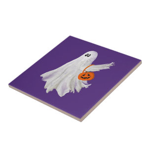 Trick Or Treating Ghost With Pumpkin Candy Bucket Tile