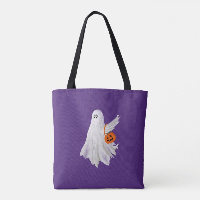 Trick Or Treating Ghost With Pumpkin Candy Bucket Tote Bag (Back)