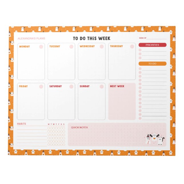 Trick or Treating Ghosts Weekly To Do List Planner Notepad (Front)