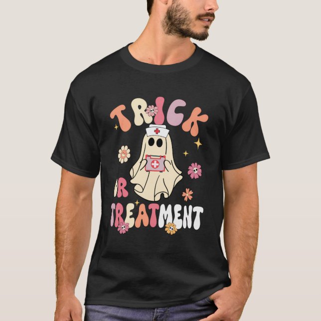 Trick Or Treatment Icu Nurse Halloween Nursing Flo T-Shirt (Front)