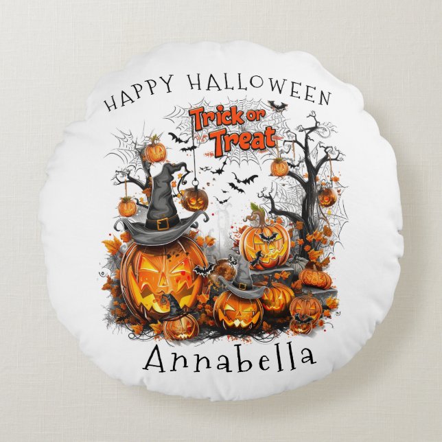 Trick or Treats I Halloween Pumpkin Round Pillow (Front)