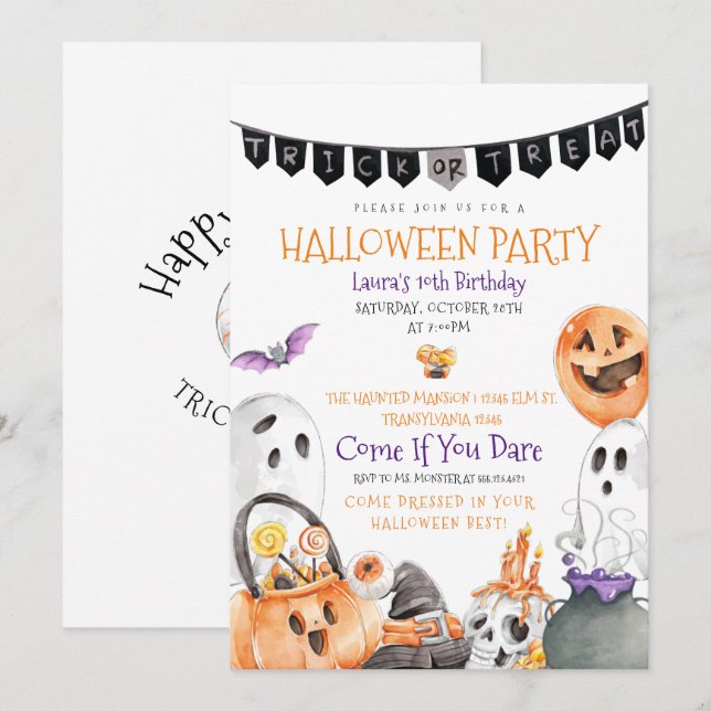 Trick ou traitement Halloween Invitation d'anniver (Devant / Derrière)