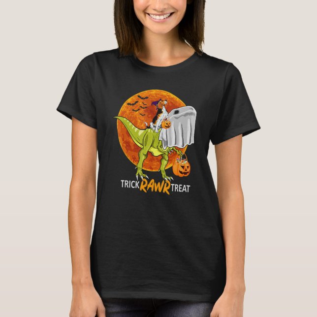 Trick Rawr Treat Beagle Ride Dinosaur Halloween T-Shirt (Front)