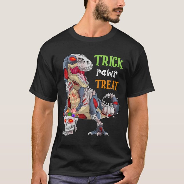 Trick Rawr Treat Zombie Dinosaur Halloween T-Shirt (Front)