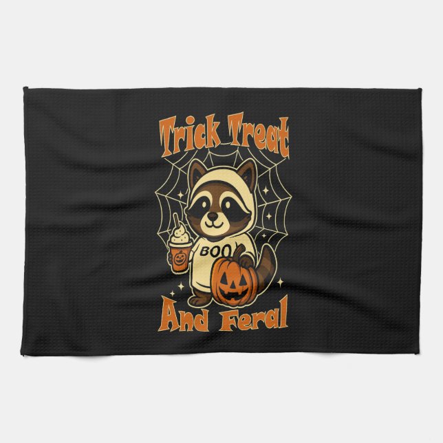 Trick Treat and Feral Cute Halloween Kitchen Towel (Horizontal)