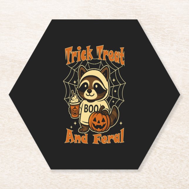 Trick Treat and Feral Cute Halloween Paper Coaster (Front)