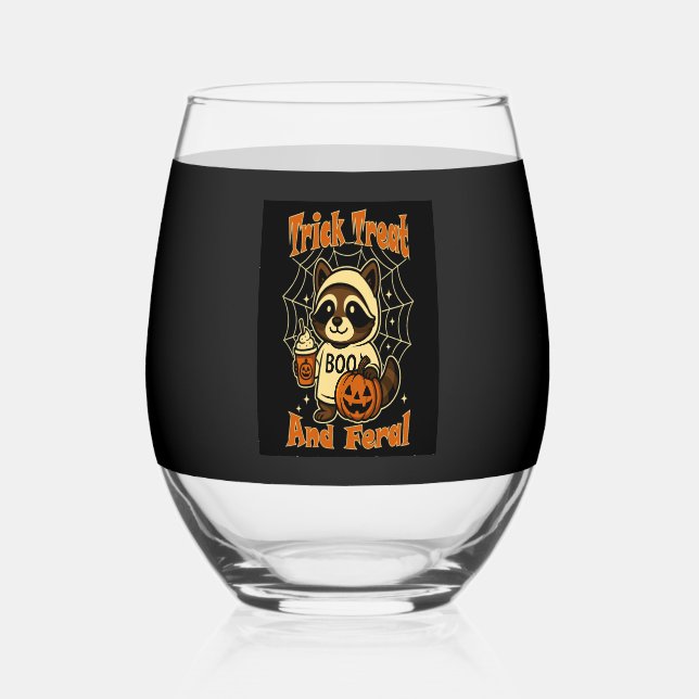 Trick Treat and Feral Cute Halloween Stemless Wine Glass (Front)