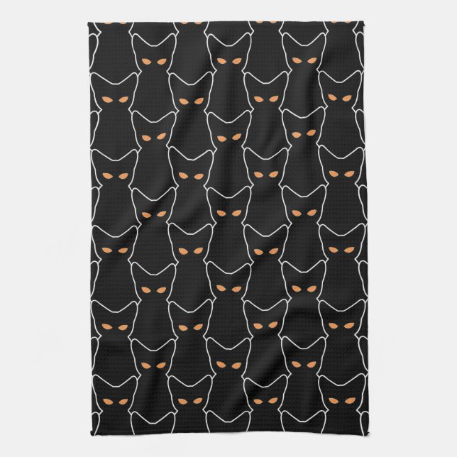 Trick Treat Black Kitty Cat | Spooky Halloween Kitchen Towel (Vertical)