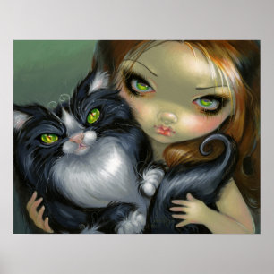 Tricksy Tuxedo Cat ART PRINT big eye cat fairy