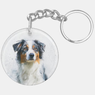 Tricolor Australian Shepherd Watercolor Art Keychain