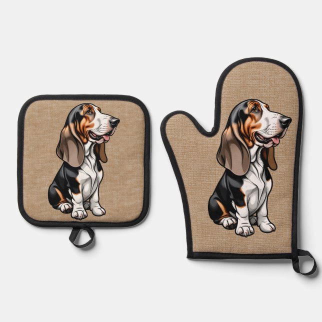 Tricolor Basset Hound Oven Mitt & Pot Holder Set (Front)