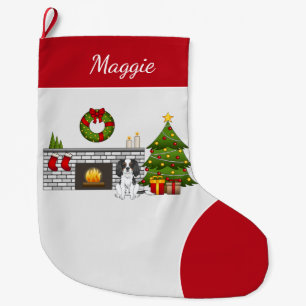 Tricolor Cavalier Dog In A Christmas Room & Name Large Christmas Stocking