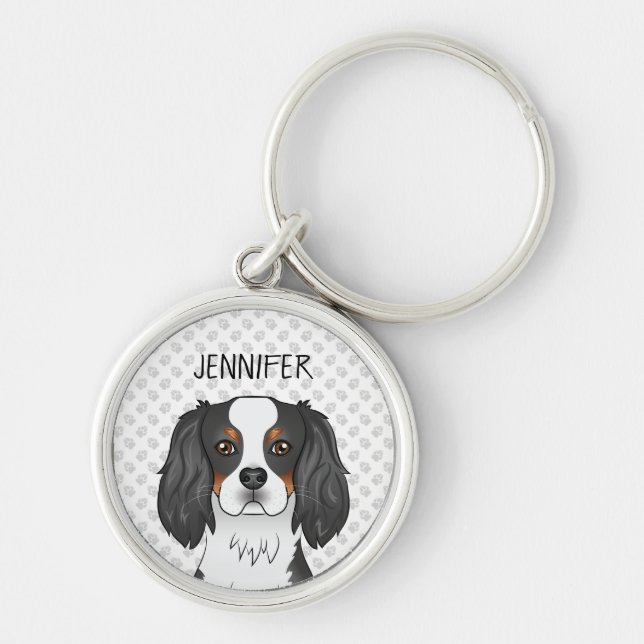 Tricolor Cavalier King Charles Spaniel Dog & Name Keychain (Front)