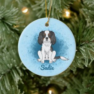 Tricolor Cavalier King Charles Spaniel Dog On Blue Ceramic Ornament