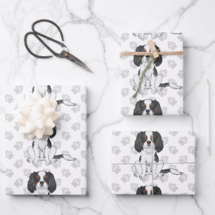 Tricolor Cavalier King Charles Spaniel Dog Pattern Wrapping Paper Sheet