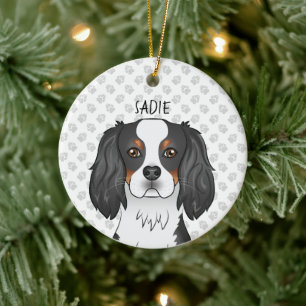 Tricolor Cavalier King Charles Spaniel Head & Name Ceramic Ornament