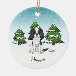 Tricolor Cavalier King Charles Spaniel In Winter Ceramic Ornament