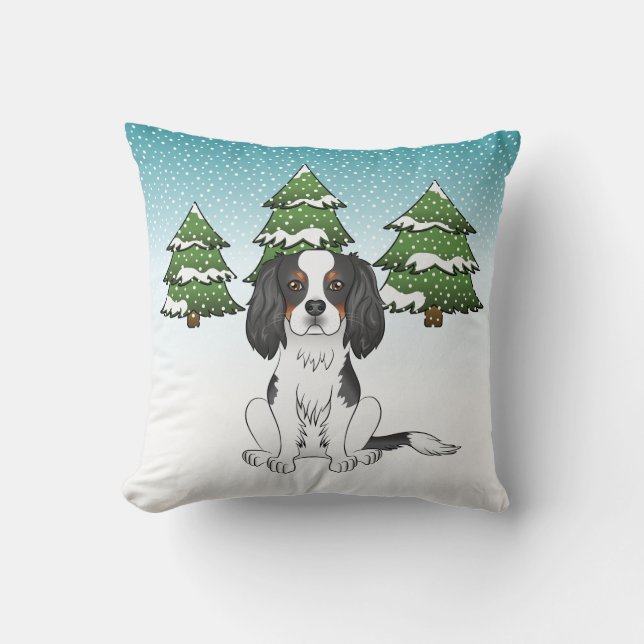 Tricolor Cavalier King Charles Spaniel In Winter Throw Pillow (Front)