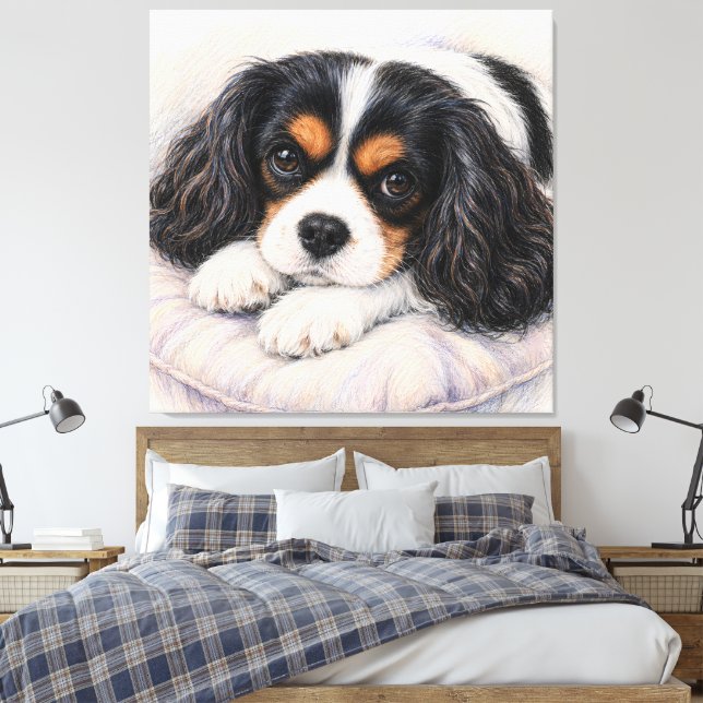 Tricolor Cavalier King Charles Spaniel Resting on  Canvas Print (Insitu(Bedroom))