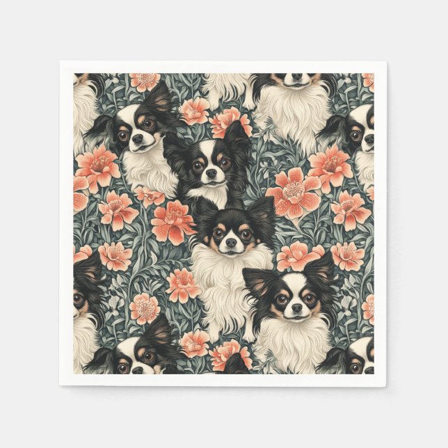 Tricolor Chihuahuas William Morris Style Floral Napkin (Front)