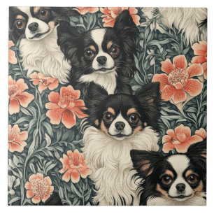 Tricolor Chihuahuas William Morris Style Floral Tile