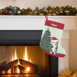 Tricolor Corgi Santa Christmas Tree Custom Red Small Christmas Stocking<br><div class="desc">This beautiful Pembroke Welsh Corgi dog has their head tilted inside of a cute Santa Claus hat. The pup is sitting in front of a pretty Christmas tree decorated with colourful ornaments. Personalize this Christmas stocking for your pet in lovely red cursive above the wonderful drawing of my favourite doggy....</div>