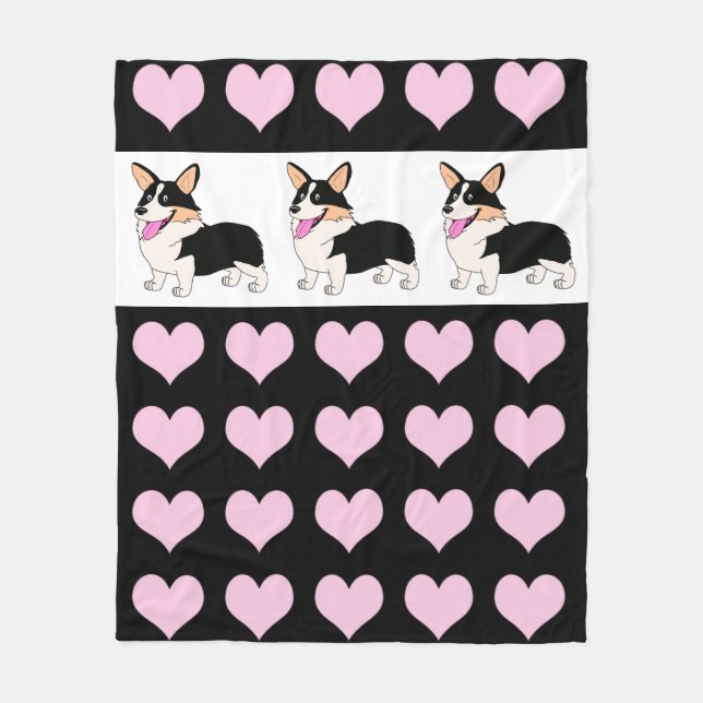 Tricolor Corgis with Hearts Fleece Blanket (Front)