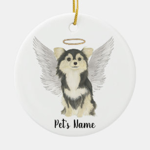 Tricolor Long Haired Chihuahua Sympathy Memorial Ceramic Ornament