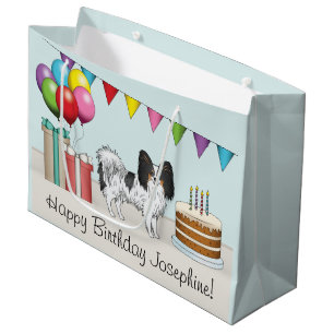 Tricolor Papillon Cartoon Dog Colourful Birthday Large Gift Bag