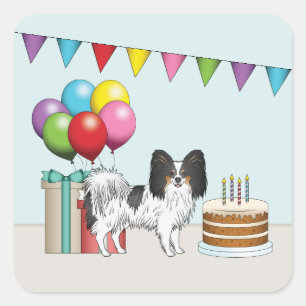 Tricolor Papillon Cartoon Dog Colourful Birthday Square Sticker