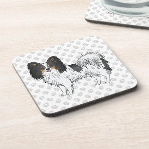 Tricolor Papillon Cartoon Dog On Grey Paw Pattern Coaster