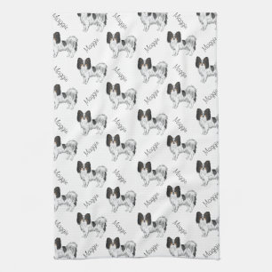 Tricolor Papillon Cartoon Dog Pattern With Name Kitchen Towel