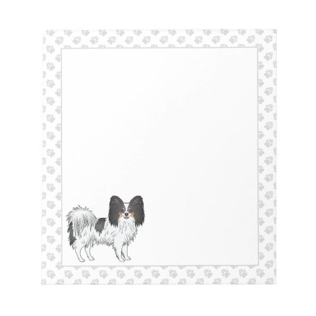 Tricolor Papillon Cute Cartoon Dog With Grey Paws Notepad (Front)