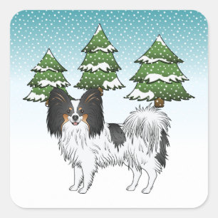 Tricolor Papillon Cute Dog In A Winter Forest Square Sticker