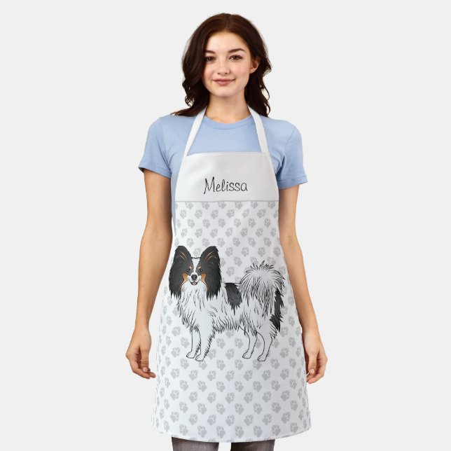 Tricolor Papillon Cute Dog With Custom Name Apron (Worn)