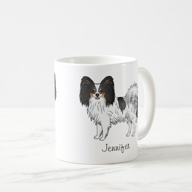 Tricolor Papillon Cute Dog With Custom Name Coffee Mug (Front Right)