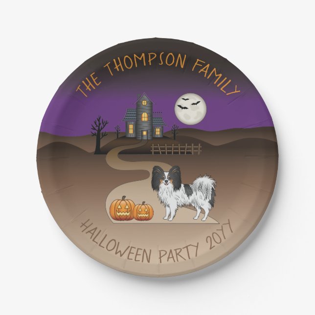 Tricolor Papillon Dog And Halloween Haunted House Paper Plate (Front)