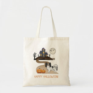 Tricolor Papillon Dog And Halloween Haunted House Tote Bag
