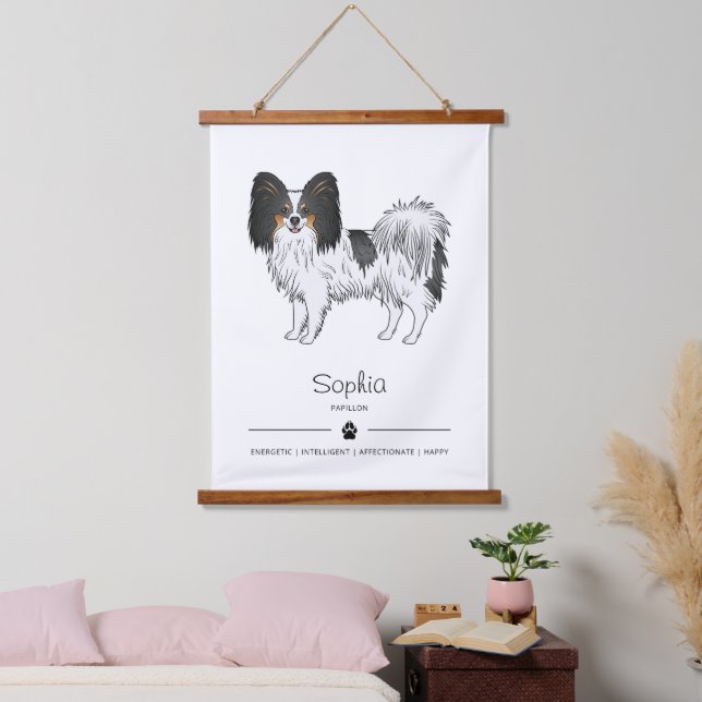 Tricolor Papillon Happy Dog With Custom Text Hanging Tapestry (Bedroom)