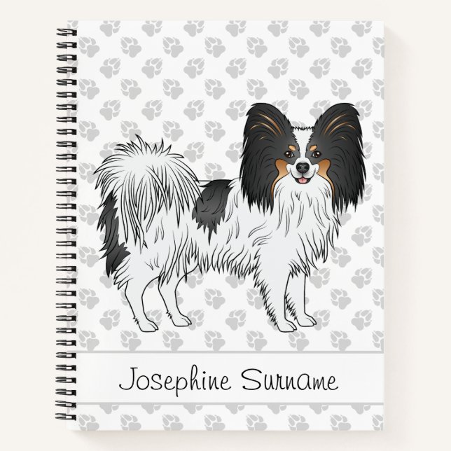 Tricolor Papillon Happy Dog With Text And Paws Notebook (Front)