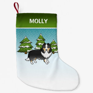 Tricolor Sheltie Cartoon Dog In Winter & Name Small Christmas Stocking