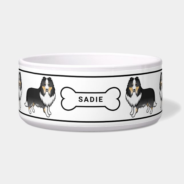 Tricolor Sheltie Dogs With Bone & Name (Front)