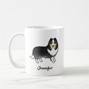 Tricolor Shetland Sheepdog Cartoon Dog & Name Coffee Mug