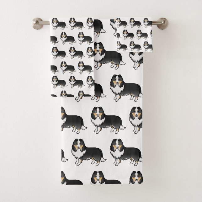 Tricolor Shetland Sheepdog Cartoon Dog Pattern Bath Towel Set (Insitu)